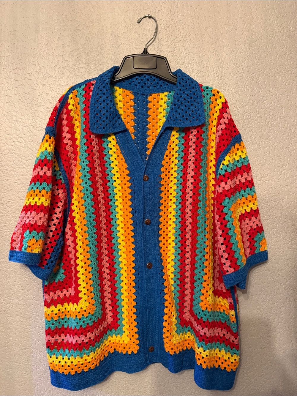 Bright Multicolor Crochet Button-Down Shirt with Blue Trim